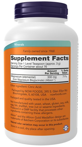 NOW Foods Magnesium Bisglycinate Powder 8 oz (Albion Chelated) - label view 1