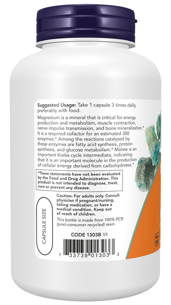 NOW Foods Magnesium Malate 180 Veg Capsules (95mg per capsule) - label view 2