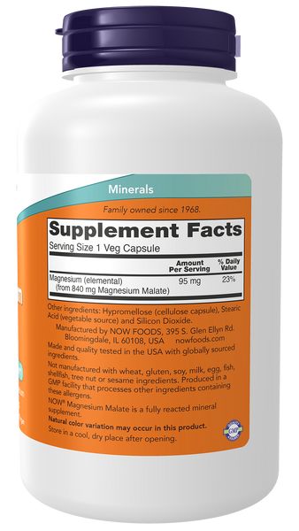 NOW Foods Magnesium Malate 180 Veg Capsules (95mg per capsule) - label view 1