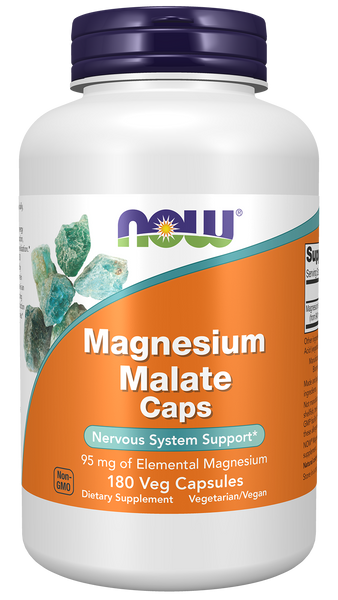 NOW Foods Magnesium Malate 180 Veg Capsules (95mg per capsule) - front