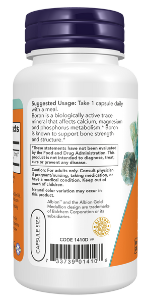 NOW Foods Boron 3mg 100 Veg Capsules (Albion Bororganic Glycine) - label view 2