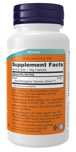 NOW Foods Boron 3mg 100 Veg Capsules (Albion Bororganic Glycine) - label view 1