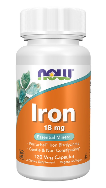 NOW Foods Iron 18mg 120 Veg Capsules (Ferrochel Ferrous Bisglycinate) - front