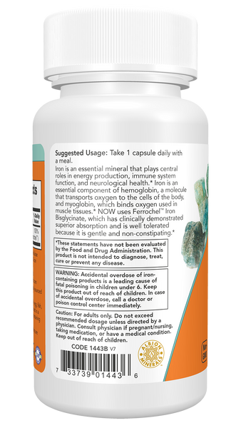 NOW Foods Iron 18mg 120 Veg Capsules (Ferrochel Ferrous Bisglycinate) - label view 2