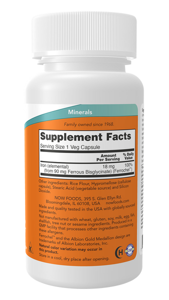 NOW Foods Iron 18mg 120 Veg Capsules (Ferrochel Ferrous Bisglycinate) - label view 1