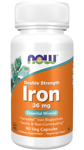 NOW Foods Iron 36mg 90 Veg Capsules Double Strength (Ferrochel Ferrous Bisglycinate) - front