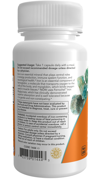 NOW Foods Iron 36mg 90 Veg Capsules Double Strength (Ferrochel Ferrous Bisglycinate) - label view 2