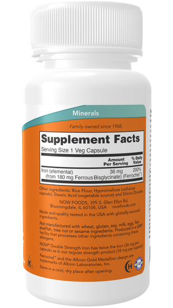 NOW Foods Iron 36mg 90 Veg Capsules Double Strength (Ferrochel Ferrous Bisglycinate) - label view 1