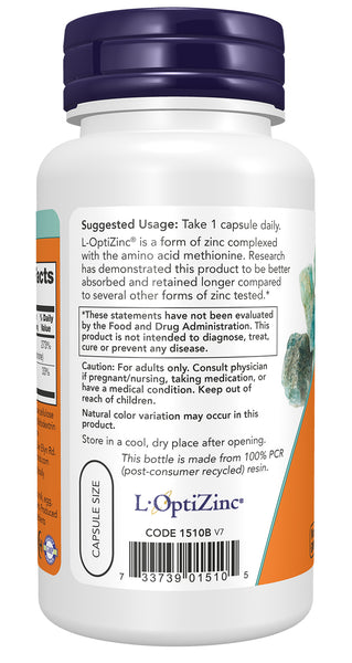 NOW Foods L-OptiZinc 30mg 100 Veg Capsules (Zinc Methionine + Copper) - label view 2