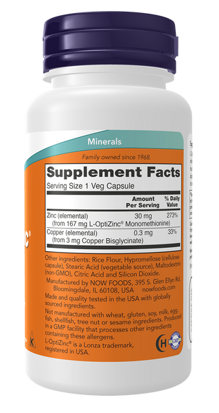 NOW Foods L-OptiZinc 30mg 100 Veg Capsules (Zinc Methionine + Copper) - label view 1