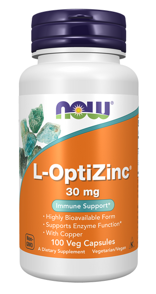 NOW Foods L-OptiZinc 30mg 100 Veg Capsules (Zinc Methionine + Copper) - front