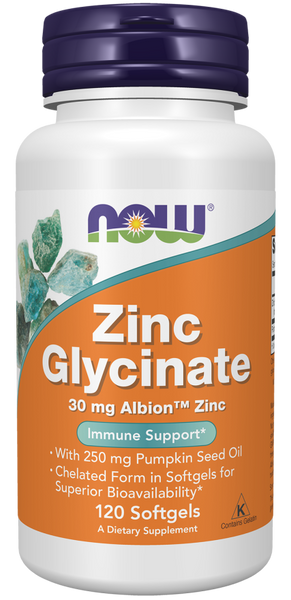 Now Foods Zinc Glycinate 30mg Albion Zinc 120 Softgels