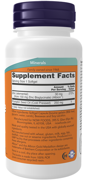 Now Foods Zinc Glycinate 30mg Albion Zinc 120 Softgels