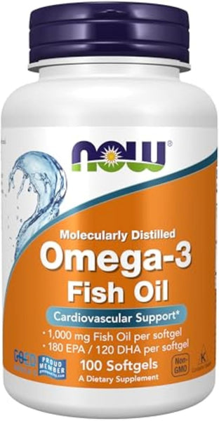 NOW Foods Omega-3 1000mg 100 Softgels (Molecularly Distilled Fish Oil, EPA & DHA)