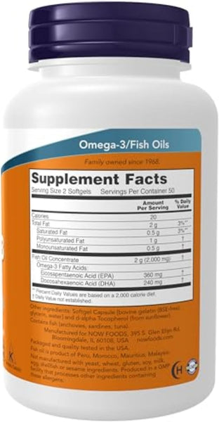 NOW Foods Omega-3 1000mg 100 Softgels (Molecularly Distilled Fish Oil, EPA & DHA)