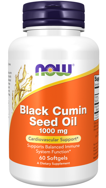 NOW Foods Black Cumin Seed Oil 1000mg 60 Softgels (Organic, Cold-Pressed) - front