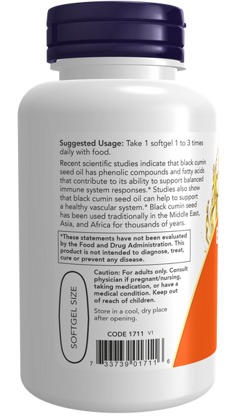 NOW Foods Black Cumin Seed Oil 1000mg 60 Softgels (Organic, Cold-Pressed) - label view 2