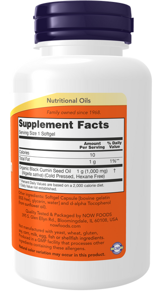 NOW Foods Black Cumin Seed Oil 1000mg 60 Softgels (Organic, Cold-Pressed) - label view 1