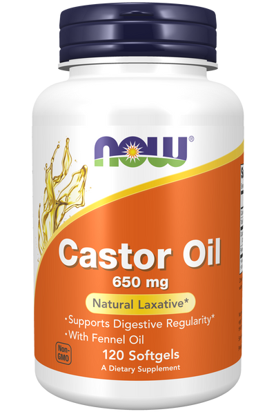 NOW Foods Castor Oil 650mg 120 Softgels (Cold-Pressed, Hexane-Free) - front