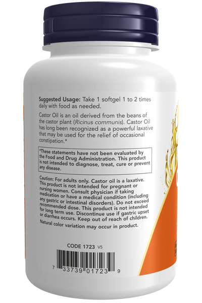 NOW Foods Castor Oil 650mg 120 Softgels (Cold-Pressed, Hexane-Free) - label view 2