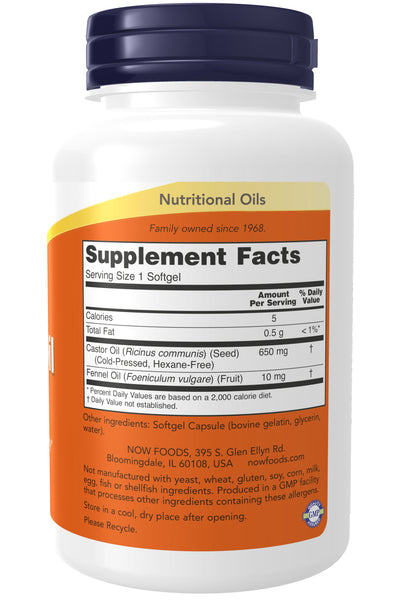 NOW Foods Castor Oil 650mg 120 Softgels (Cold-Pressed, Hexane-Free) - label view 1