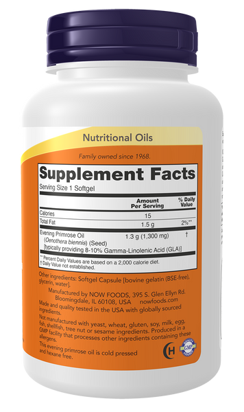 NOW Foods Super Primrose 1300mg 60 Softgels (Evening Primrose Oil, GLA) - label view 1