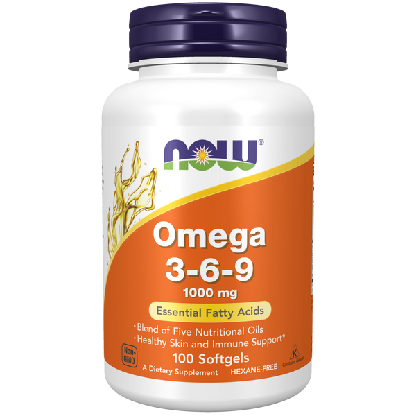 NOW Foods Omega 3-6-9 1000mg 100 Softgels (Flax, Primrose, Canola, Black Currant, Pumpkin) - front
