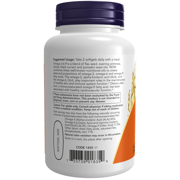 NOW Foods Omega 3-6-9 1000mg 100 Softgels (Flax, Primrose, Canola, Black Currant, Pumpkin) - label view 2