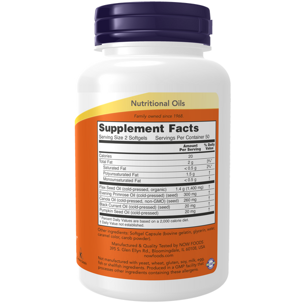 NOW Foods Omega 3-6-9 1000mg 100 Softgels (Flax, Primrose, Canola, Black Currant, Pumpkin) - label view 1