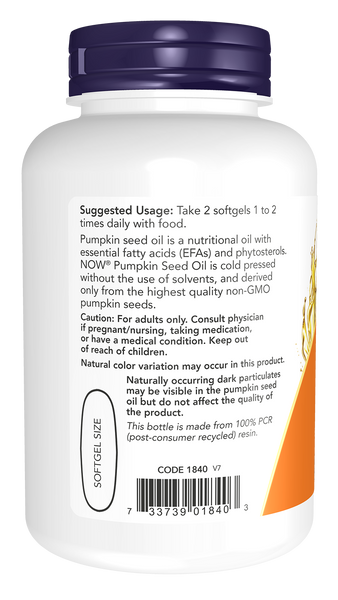 NOW Foods Pumpkin Seed Oil 1000mg 100 Softgels (Cucurbita pepo) - label view 2