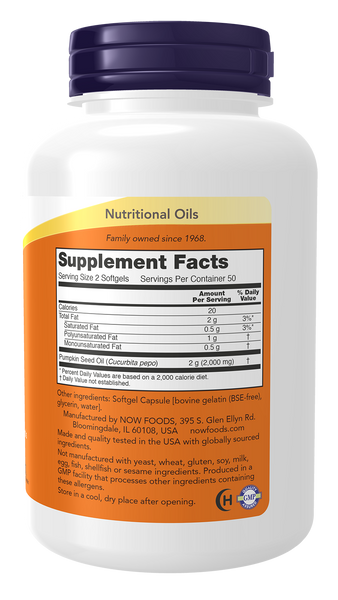 NOW Foods Pumpkin Seed Oil 1000mg 100 Softgels (Cucurbita pepo) - label view 1