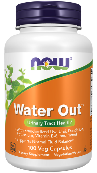 NOW Foods Water Out 100 Veg Capsules (Uva Ursi, Dandelion, Juniper, B-6, Potassium) - front