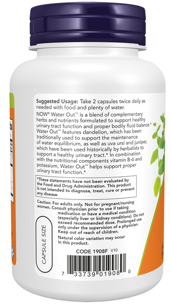 NOW Foods Water Out 100 Veg Capsules (Uva Ursi, Dandelion, Juniper, B-6, Potassium) - label view 2