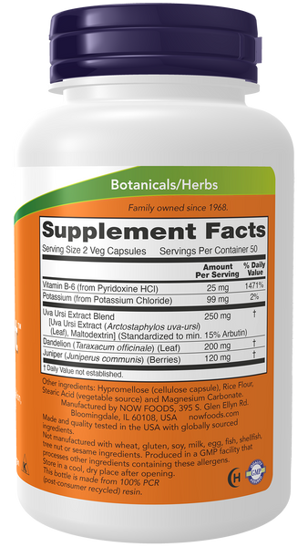 NOW Foods Water Out 100 Veg Capsules (Uva Ursi, Dandelion, Juniper, B-6, Potassium) - label view 1