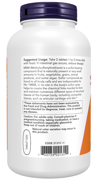 NOW Foods MSM 1500mg 200 Tablets (Methylsulphonylmethane) - label view 2