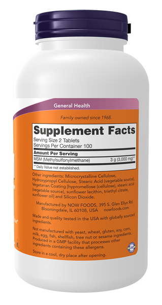 NOW Foods MSM 1500mg 200 Tablets (Methylsulphonylmethane) - label view 1