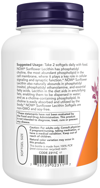 NOW Foods Sunflower Lecithin 1200mg 100 Softgels (Soy-Free, Phosphatidyl Choline) - label view 2