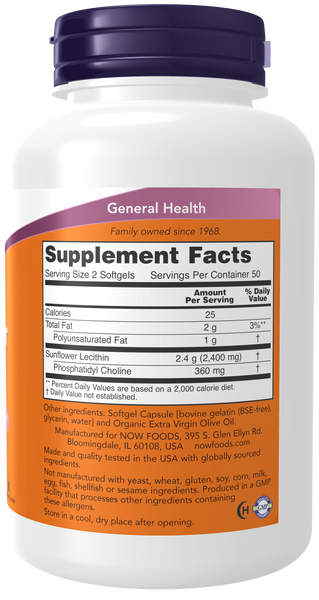 NOW Foods Sunflower Lecithin 1200mg 100 Softgels (Soy-Free, Phosphatidyl Choline) - label view 1