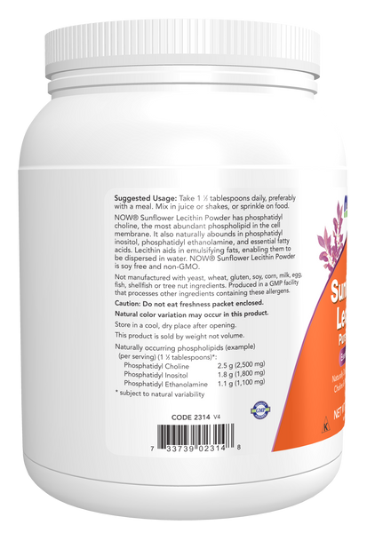 NOW Foods Sunflower Lecithin Pure Powder 1 lb (Soy-Free, Phospholipids) - label view 2