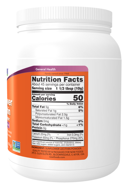 NOW Foods Sunflower Lecithin Pure Powder 1 lb (Soy-Free, Phospholipids) - label view 1