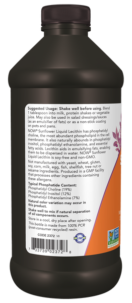 NOW Foods Sunflower Liquid Lecithin 16 fl oz (Soy-Free, Phosphatidyl Choline) - label view 2