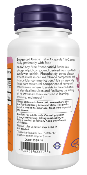 NOW Foods Phosphatidyl Serine 150mg 60 Veg Capsules (Soy-Free, Sharp-PS GREEN) - label view 2
