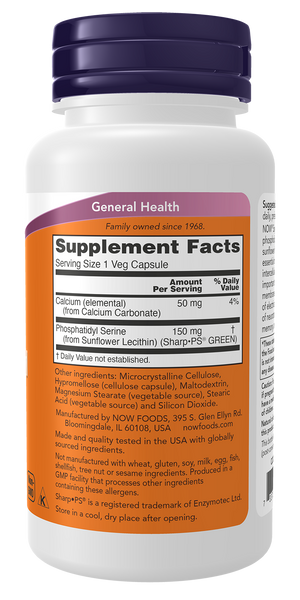 NOW Foods Phosphatidyl Serine 150mg 60 Veg Capsules (Soy-Free, Sharp-PS GREEN) - label view 1