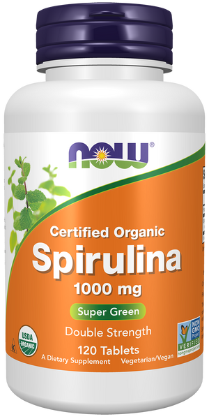 NOW Foods Organic Spirulina 1000mg 120 Tablets (Double Strength, Arthrospira platensis) - front