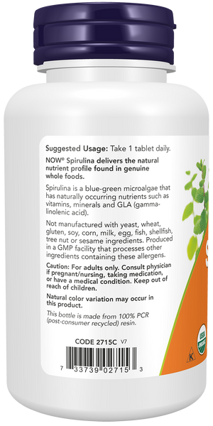 NOW Foods Organic Spirulina 1000mg 120 Tablets (Double Strength, Arthrospira platensis) - label view 2