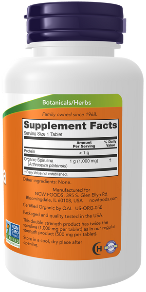 NOW Foods Organic Spirulina 1000mg 120 Tablets (Double Strength, Arthrospira platensis) - label view 1