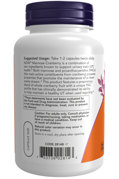 NOW Foods Mannose Cranberry 90 Veg Capsules (D-Mannose + Cranberry PACs) - label view 2