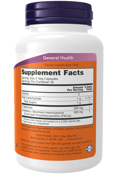 NOW Foods Mannose Cranberry 90 Veg Capsules (D-Mannose + Cranberry PACs) - label view 1
