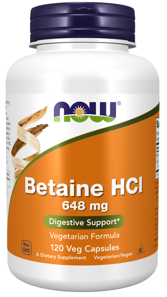 NOW Foods Betaine HCl 648mg 120 Veg Capsules (with Pepsin) - front