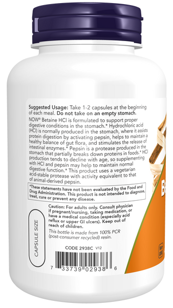 NOW Foods Betaine HCl 648mg 120 Veg Capsules (with Pepsin) - label view 2